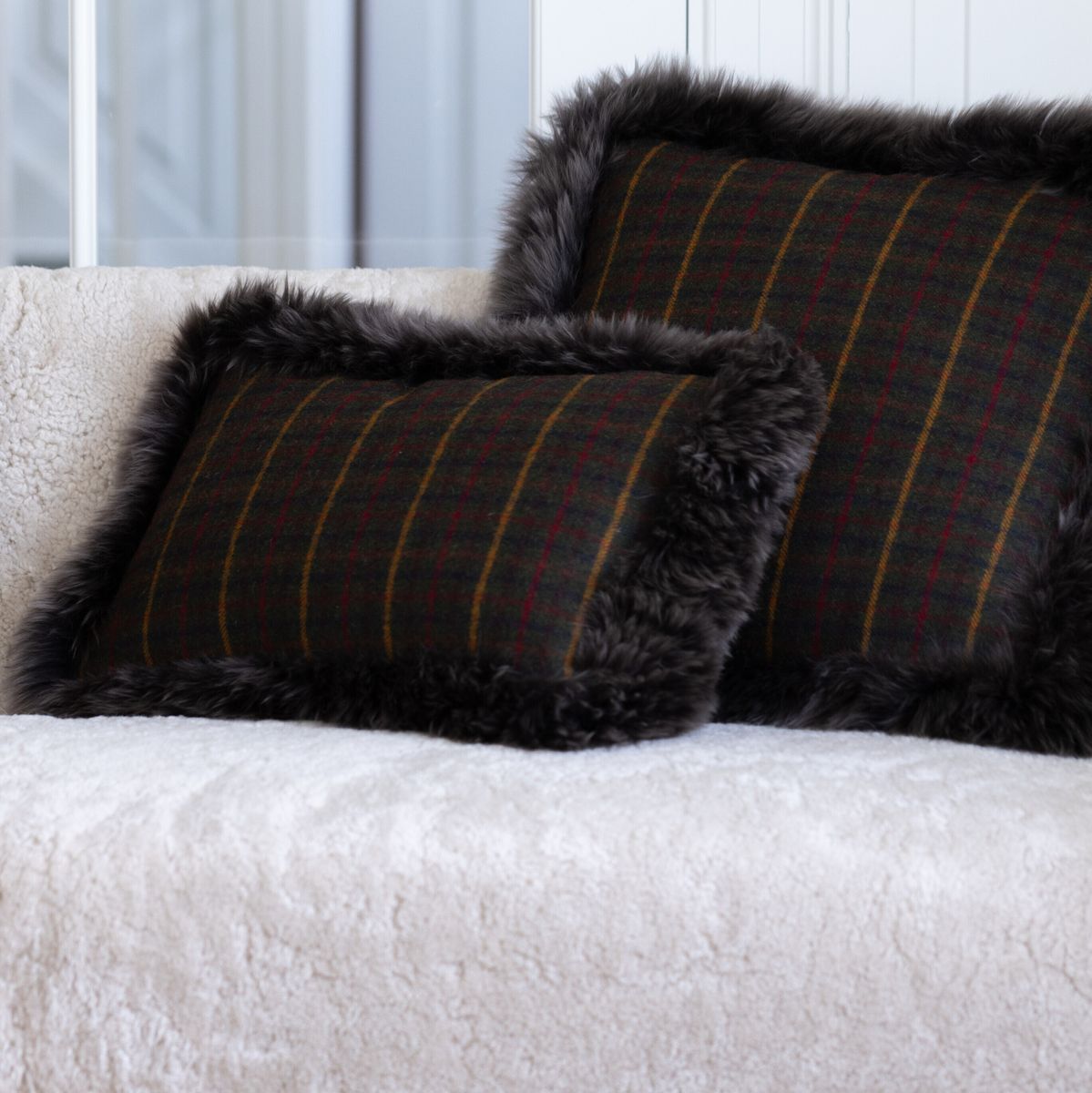 Wool Cushion Rectangular | Doublesided | Long Wool trim | 34x52 cm Cocoa-Dark Brown/Taupe