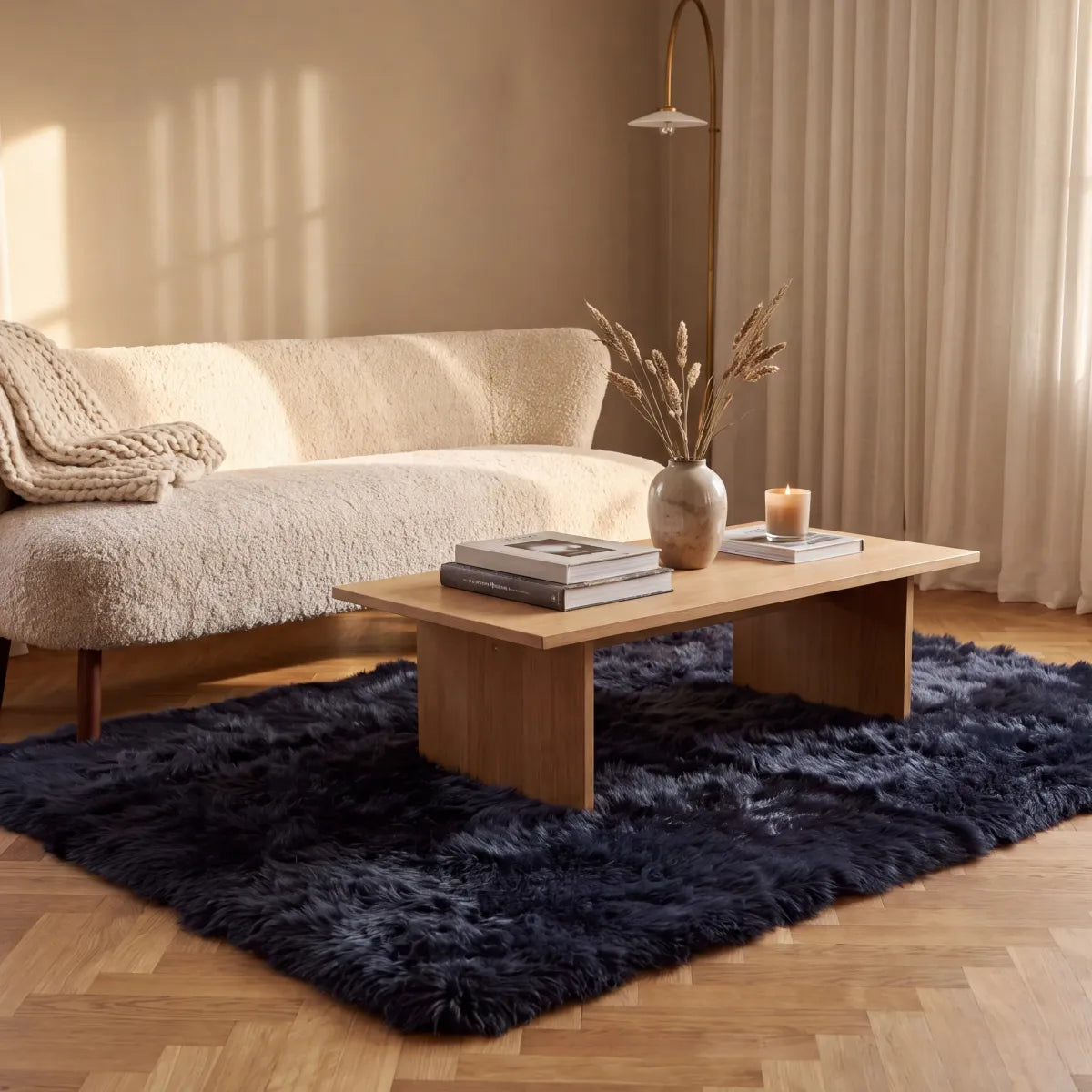 Long Wool Sheepskin Design Rug Black