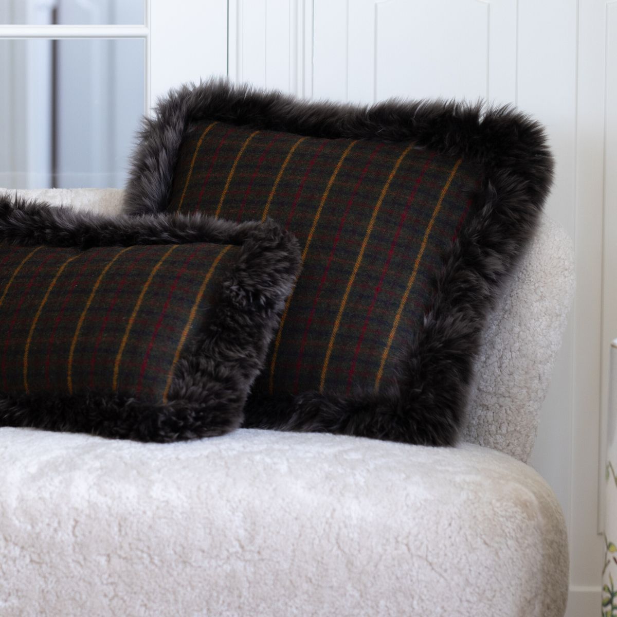 Wool Cushion | Doublesided | Long Wool trim | 52x52 cm Cocoa-Dark Brown/Taupe
