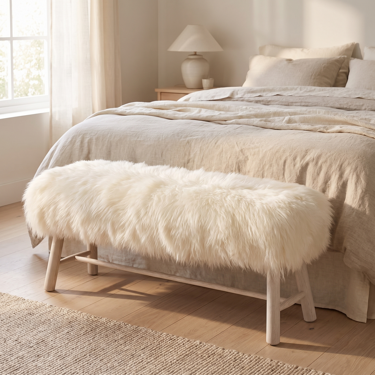 Theo Bench | Icelandic Sheepskin | Oak Legs Off White