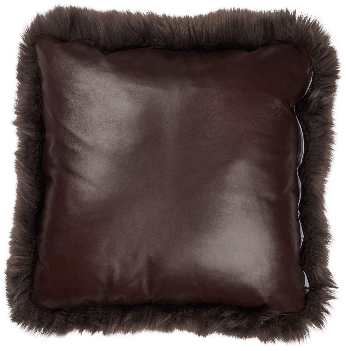 Long Wool Sheepskin Cushion | Leather backing Walnut