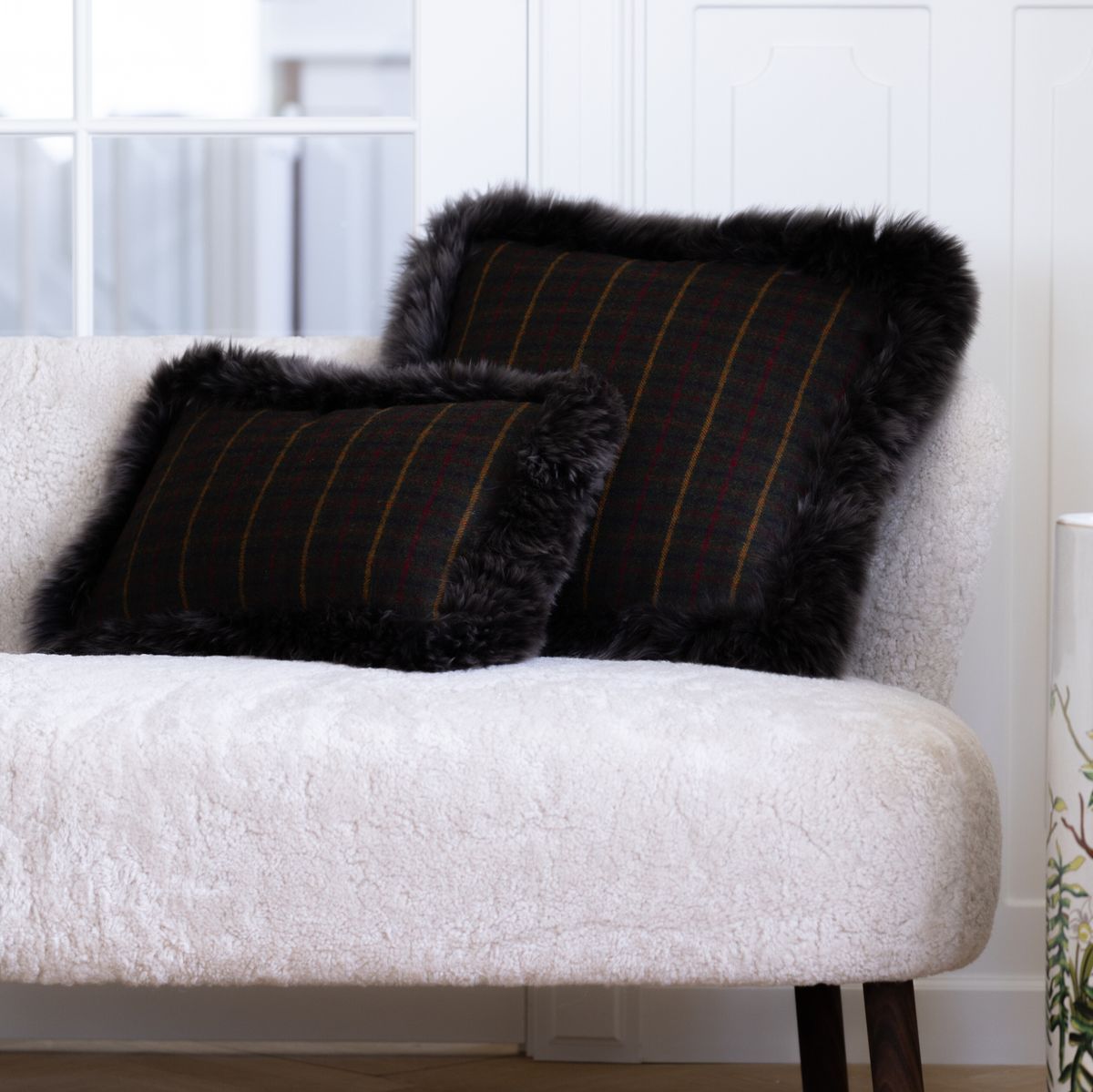 Wool Cushion | Doublesided | Long Wool trim | 52x52 cm | 34x52 cm Cocoa-Dark Brown/Taupe