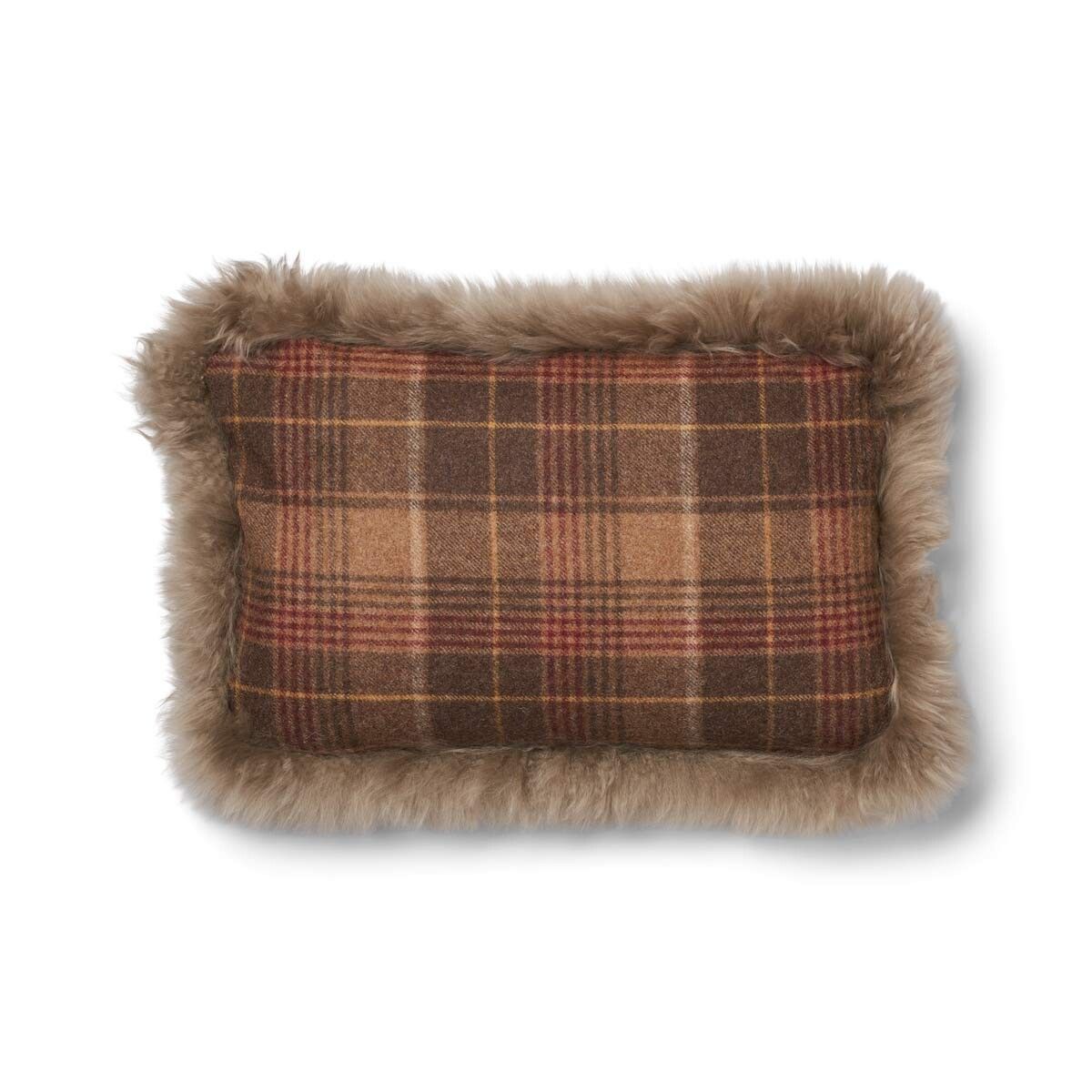 Wool Cushion Rectangular | Doublesided | Long Wool trim | 34x52 cm Cocoa-Dark Brown/Taupe