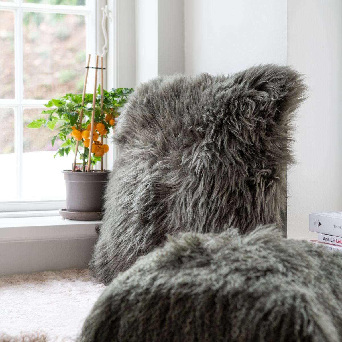 Long Wool Sheepskin Cushion | 50x50 cm Aubergine