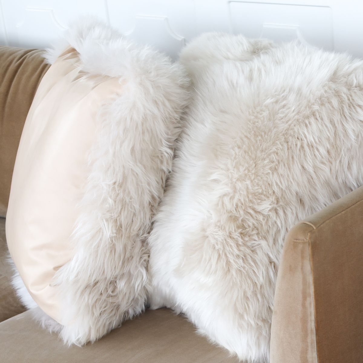 Long Wool Sheepskin Cushion | Leather backing Ivory