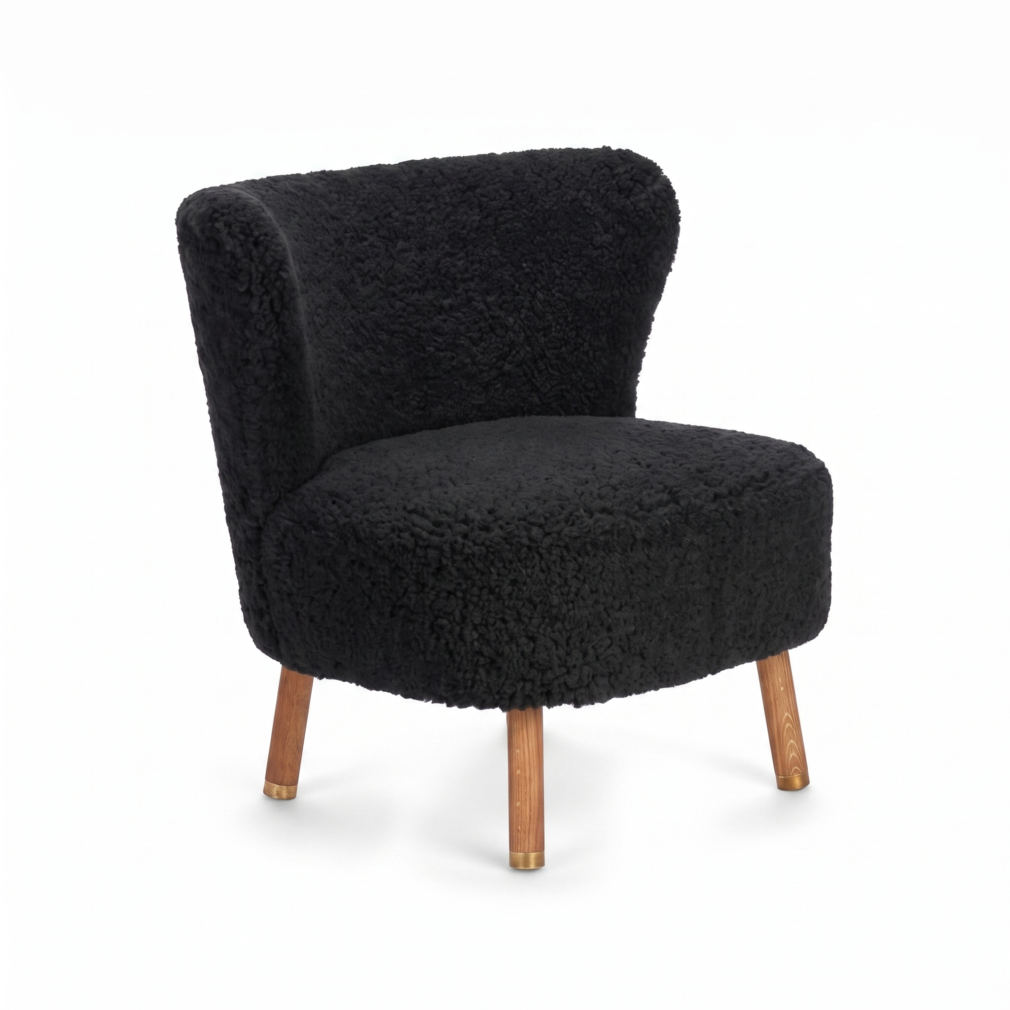Emil Lounge Chair | Short Wool Black - Oak Legs w. Brass
