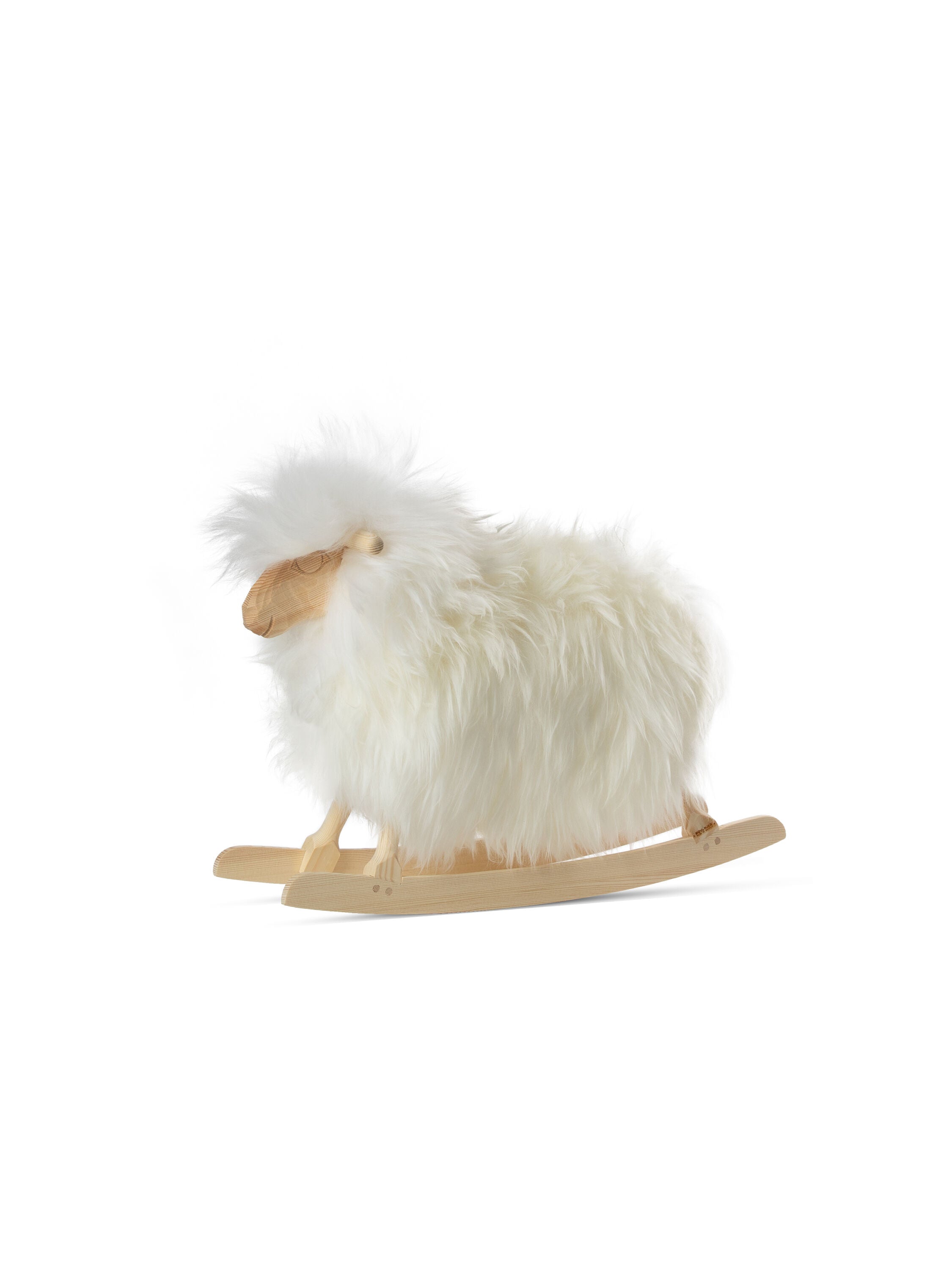 Rocking Sheep made of Pine Wood covered with Sheepskin, Long Wool. Size: L42xW13xH30 cm