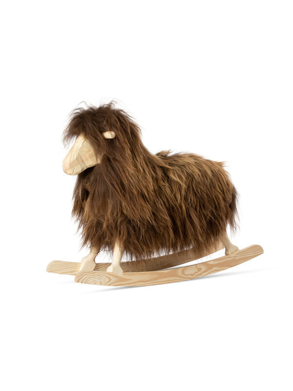 Rocking Sheep made of Pine Wood covered with Sheepskin, Long Wool. Size: L85xW25xH60 cm