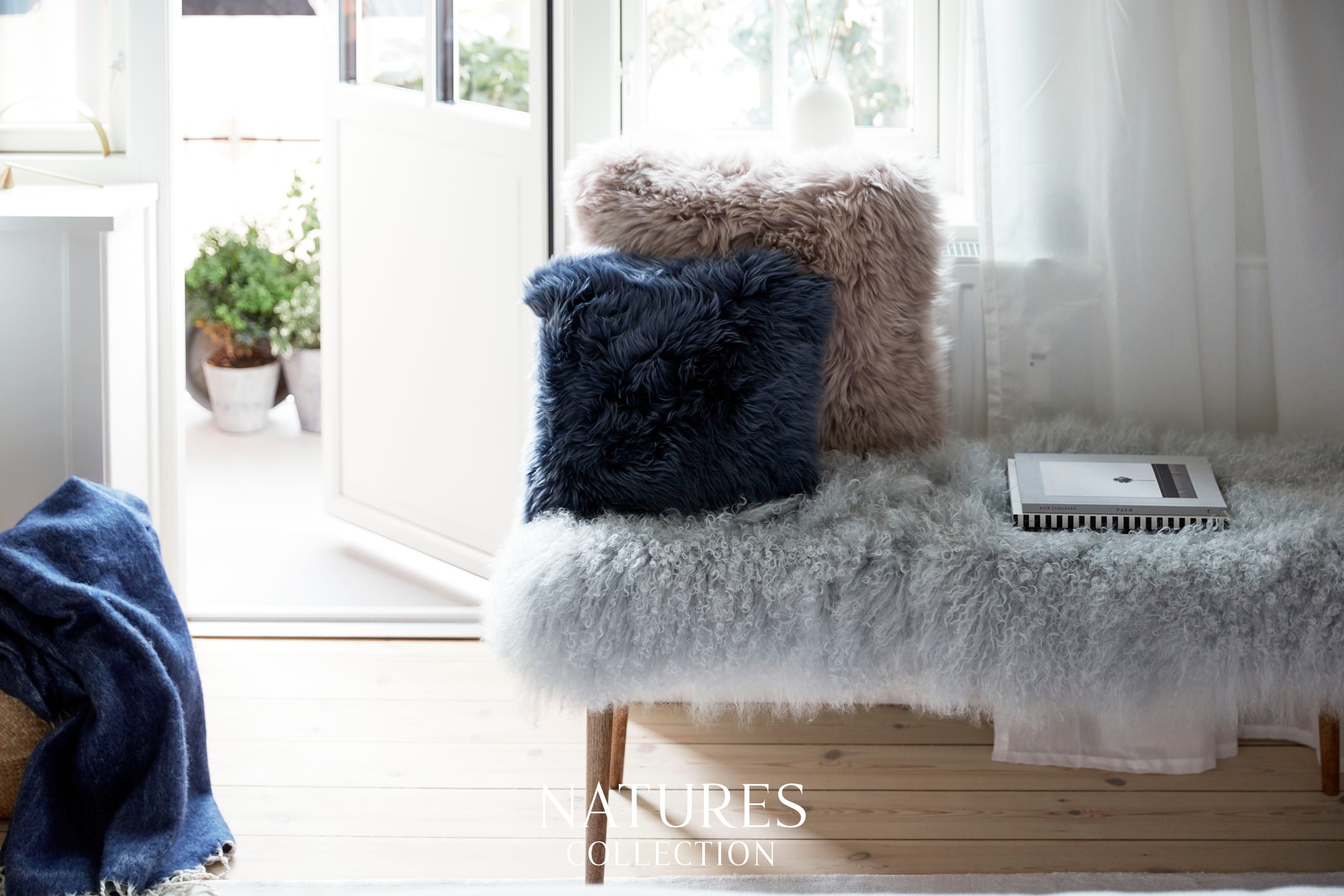 Natural sheepskin rug in a contemporary interior setting