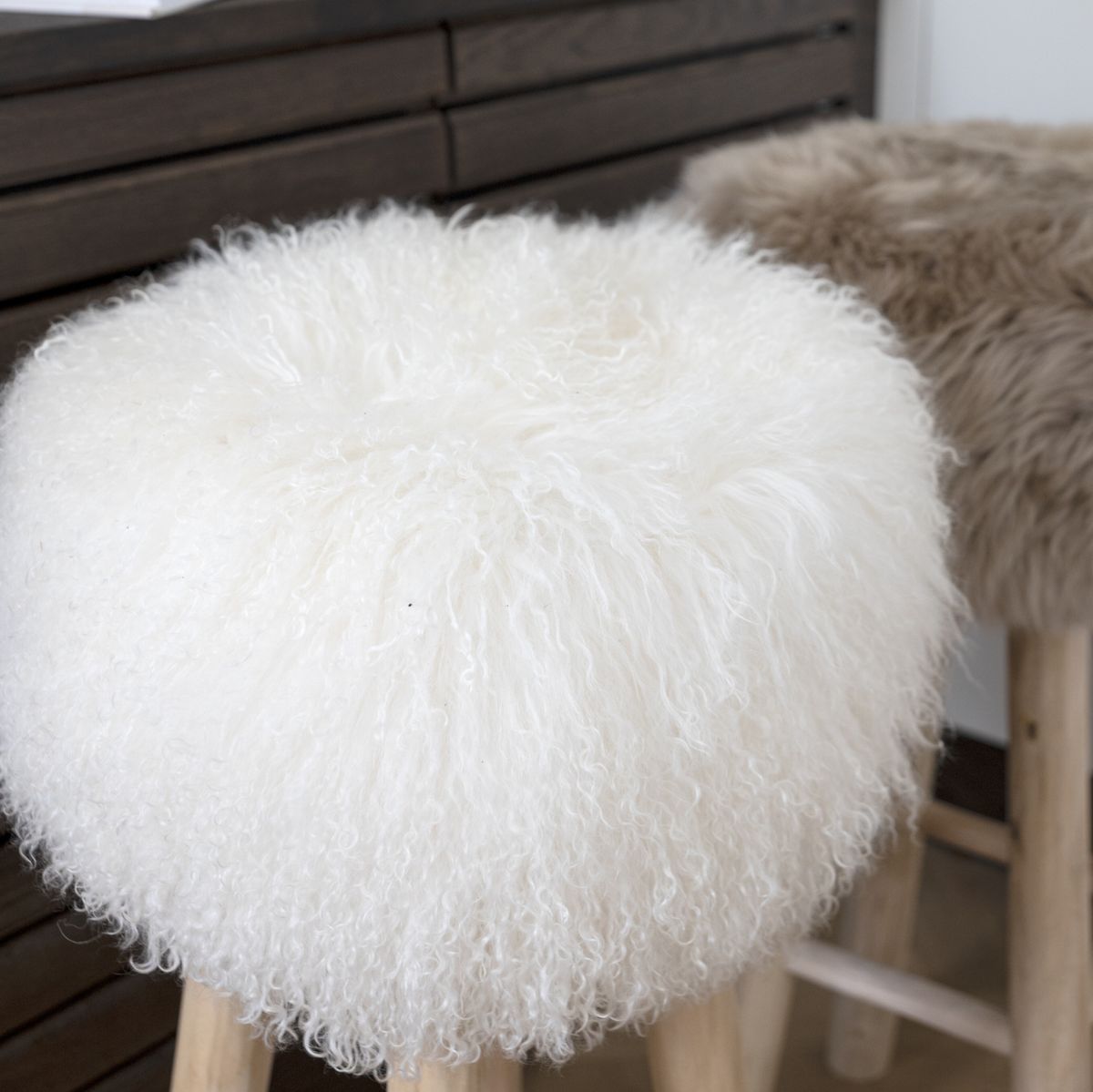 Theo Stool + Cover | Oak Legs | Tibet Sheepskin Black