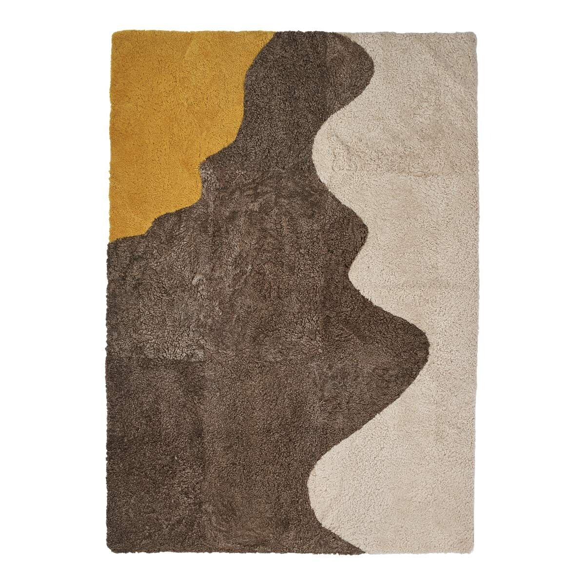 Short Wool Curly Sheepskin River Design Rug | 170x240 cm Yellow/Taupe/Pearl