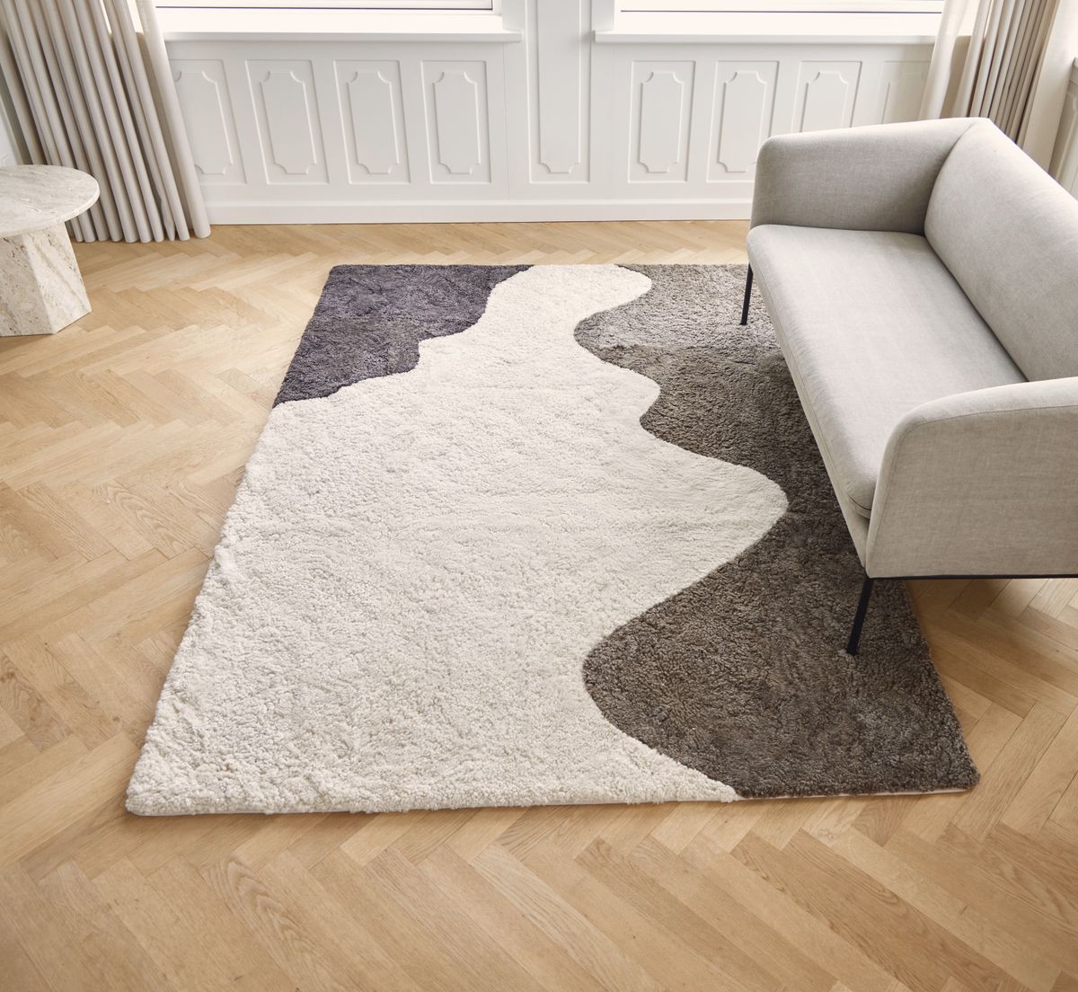 Short Wool Curly Sheepskin River Design Rug Anthracite/Cappuccino/Pearl