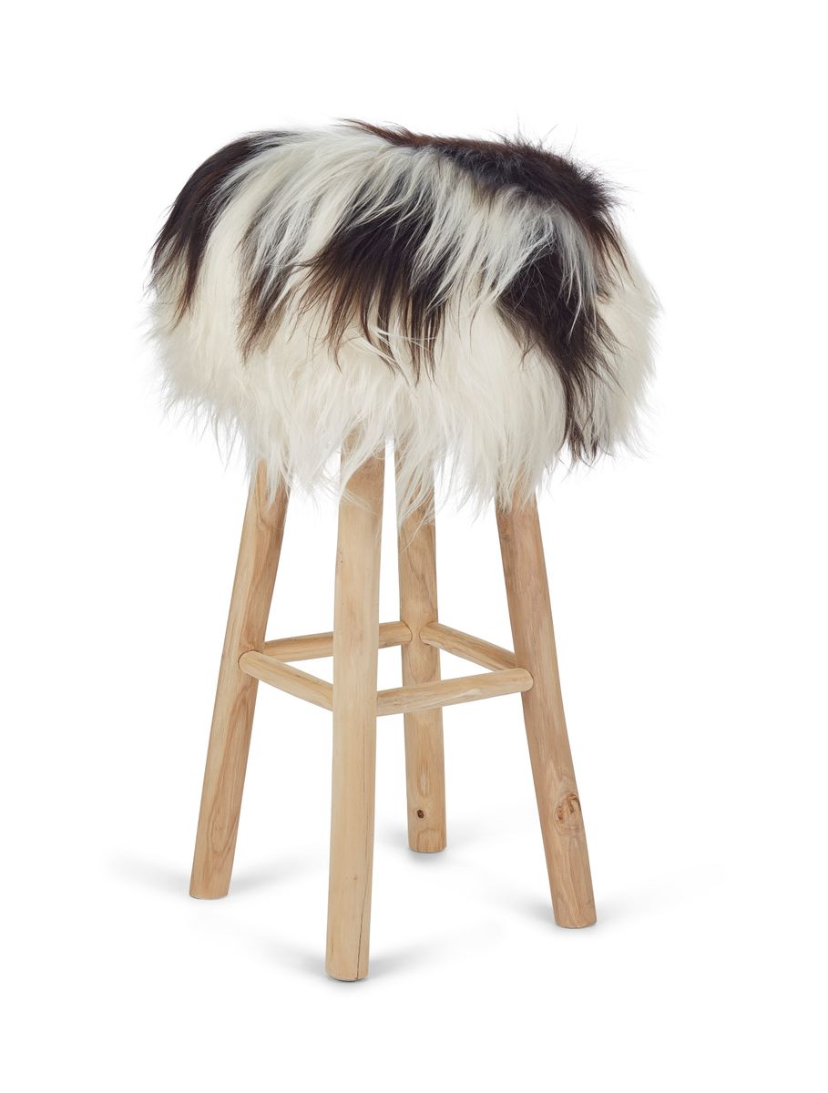 A European Made Beechwood Stool hot - Covered in Genuine Dark Topped Long Wool Icelandic Sheepskin