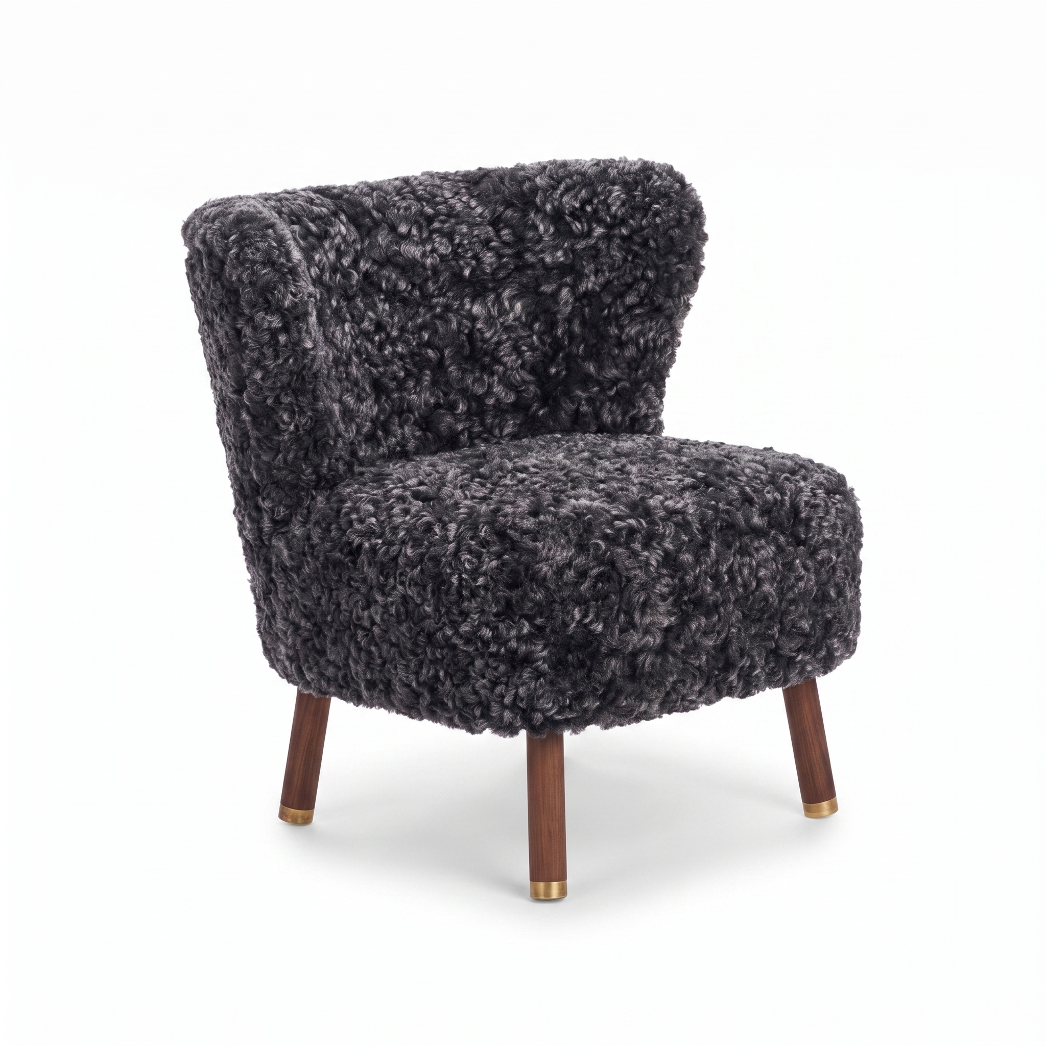 Emil Lounge Chair | Short Wool Anthracite - Walnut Legs w. Brass