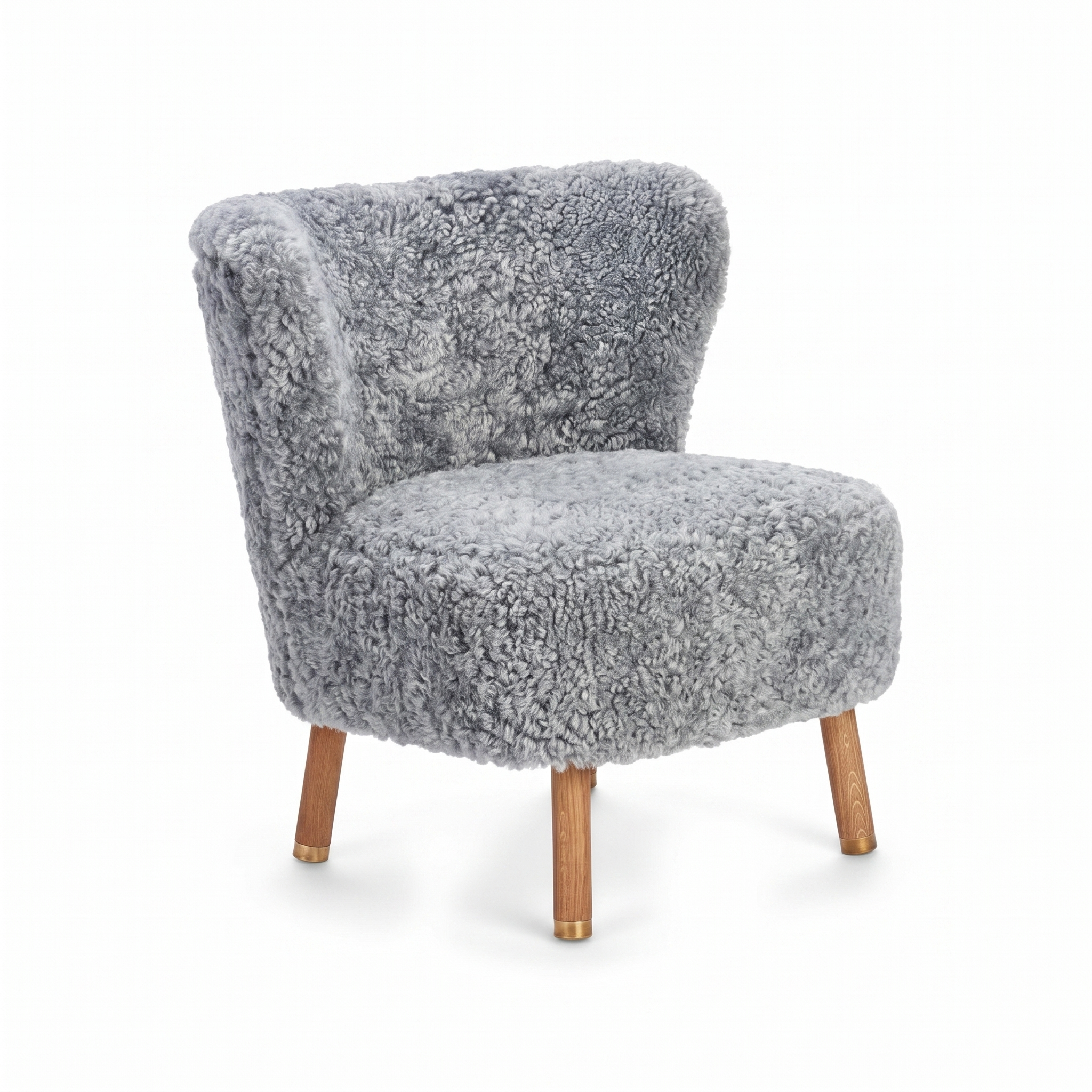 Emil Lounge Chair | Short Wool Light Grey - Oak Legs w. Brass