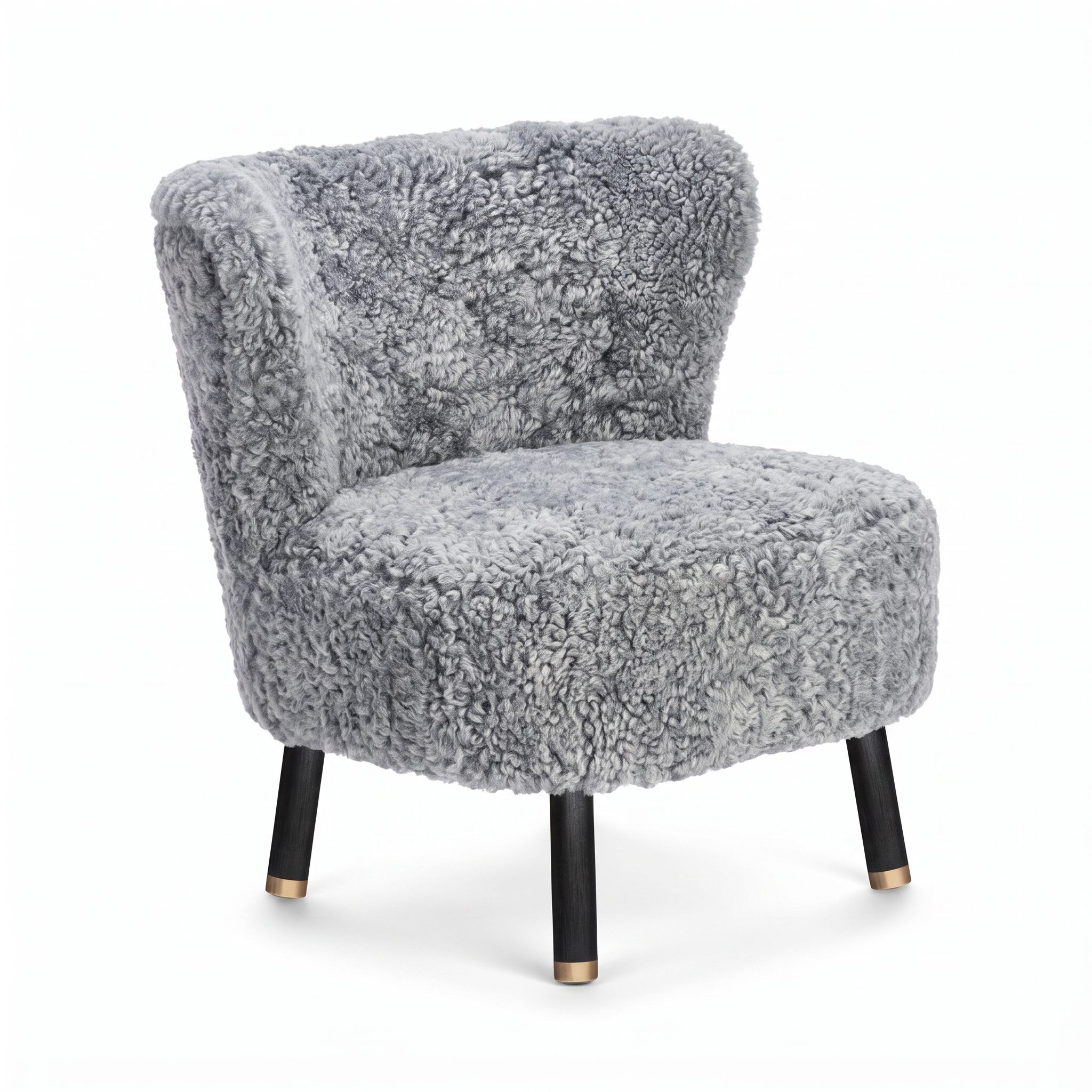 Emil Lounge Chair | Short Wool Light Grey - Black Beech Legs w. Brass