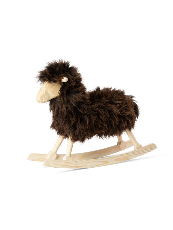 Rocking Sheep made of Pine Wood covered with Sheepskin, Short Wool. Size: L85xW25xH60 cm